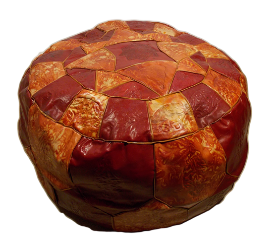 Moroccan Stamped Orange Leather Pouf Ottoman